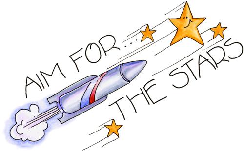 Rocket ship visual that states aim for the stars 