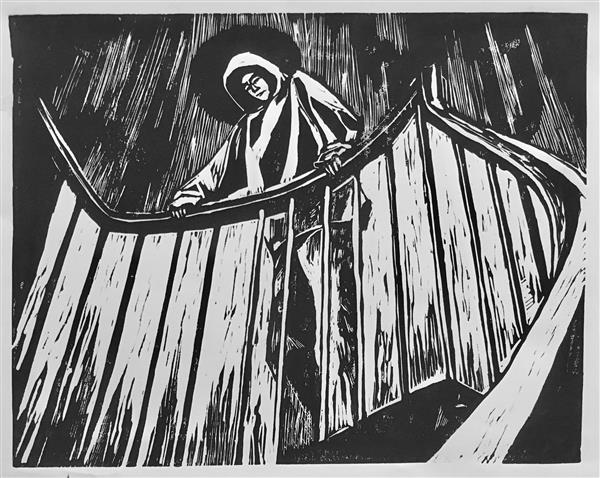 large-scale linocut of Highland light interior