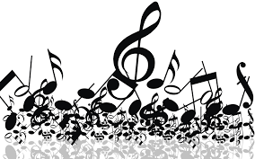 Black and white image with music symbols.