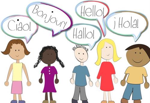 illustration of students saying Hello in different languages 
