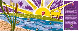 Purple mural of the sun rising over water